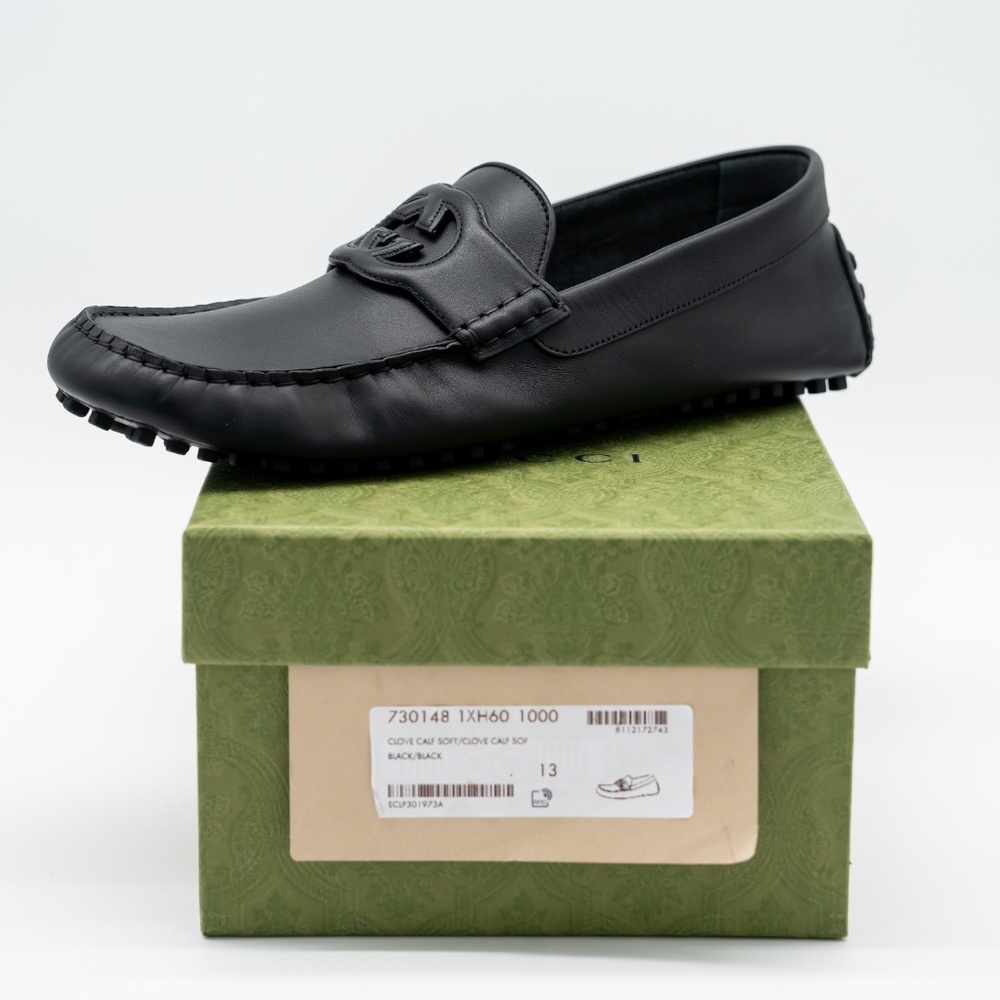 size 13G 13.5 US Gucci GG Leather Moccasin Driver Black Loafers Leather Cut Out - Picture 10 of 11